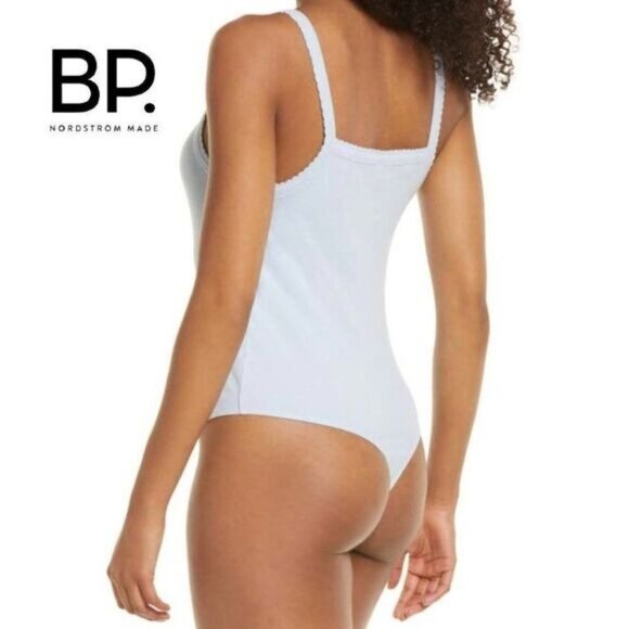 BP. Women's Picot‎ Trim Cotton Blend Rib Bodysuit In Blue Cashmere NWT - Picture 4 of 5